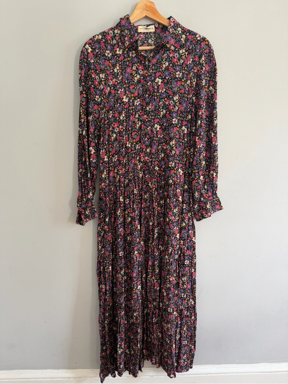 Natural Life Drew Floral Boho Maxi Shirt Dress Black Colorful Flowers Size L